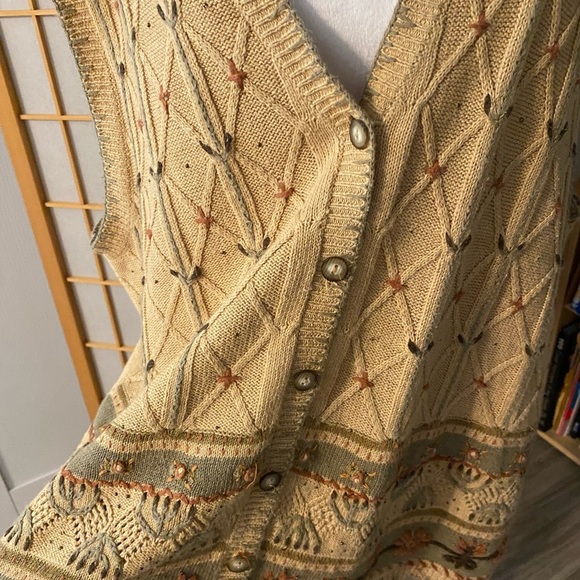 Vintage KORET Brown Button Down Sweater Vest Women XL ? Cotton Flower Khaki Tan - Picture 2 of 8